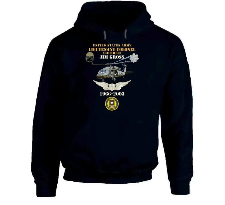 Honor retired US Army Lieutenant Colonel Jim Gross with this premium T-shirt showcasing his UH-60 Black Hawk aviator legacy—'Soldier for Life' service from 1966 to 2003. - Image 11