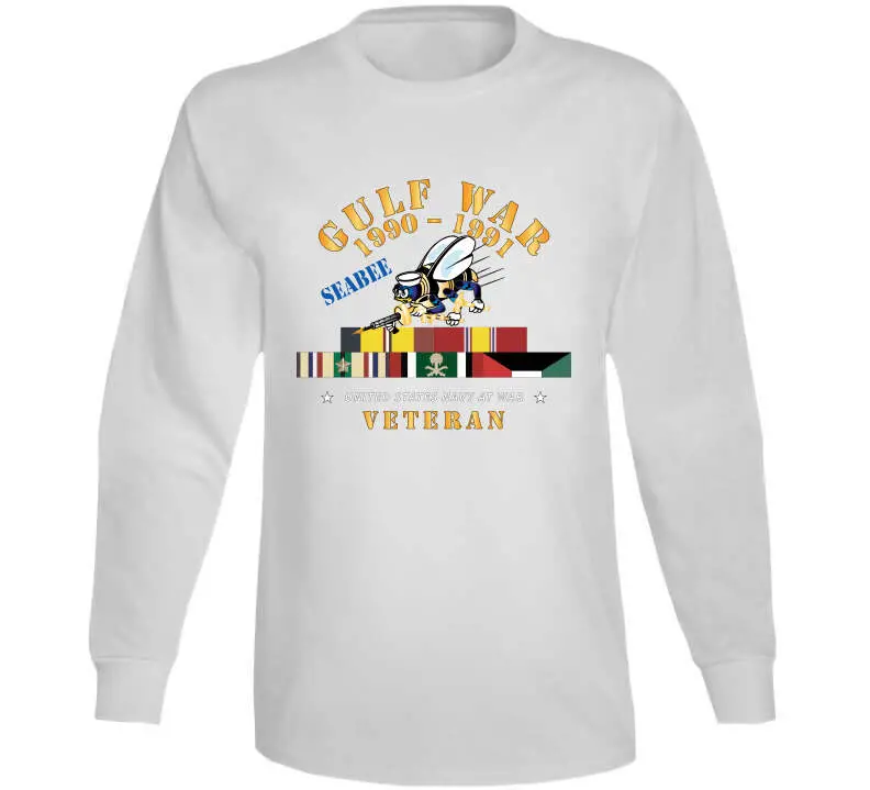 Commemorative Gulf War 1990–1991 T-shirt featuring service ribbons, automotive motif, and U.S. Navy Seabee insignia — premium 300gsm cotton - Image 14