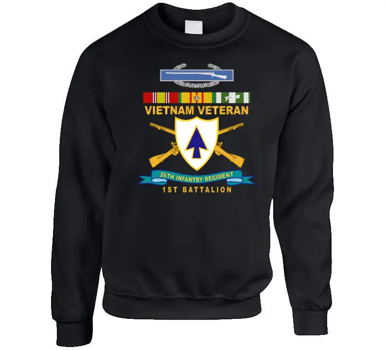 Official 26th Infantry Regiment T-shirt featuring Distinctive Unit Insignia (DUI), Bronze Ribbon, 1st Battalion designation, Combat Infantryman Badge (CIB), Vietnam Service Medal emblem, and 'X300' commemorative detail - Image 6