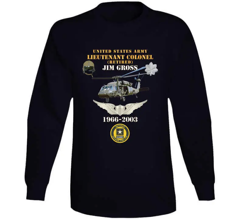 Honor retired US Army Lieutenant Colonel Jim Gross with this premium T-shirt showcasing his UH-60 Black Hawk aviator legacy—'Soldier for Life' service from 1966 to 2003. - Image 13