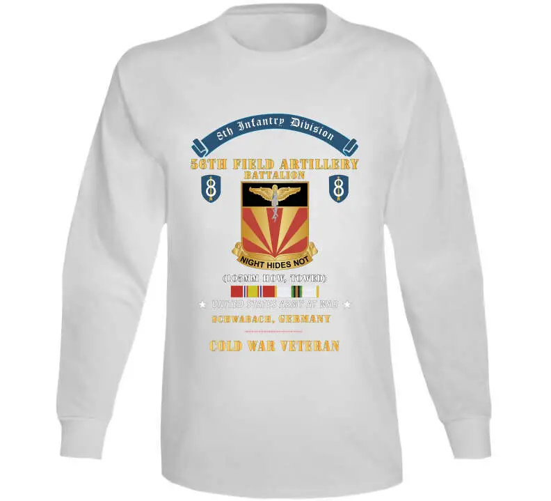 Retro Cold War T-shirt showcasing the 8th Infantry Division scroll and 56th Field Artillery Battalion insignia, commemorating U.S. Army service in Schwabach, Germany - Image 15