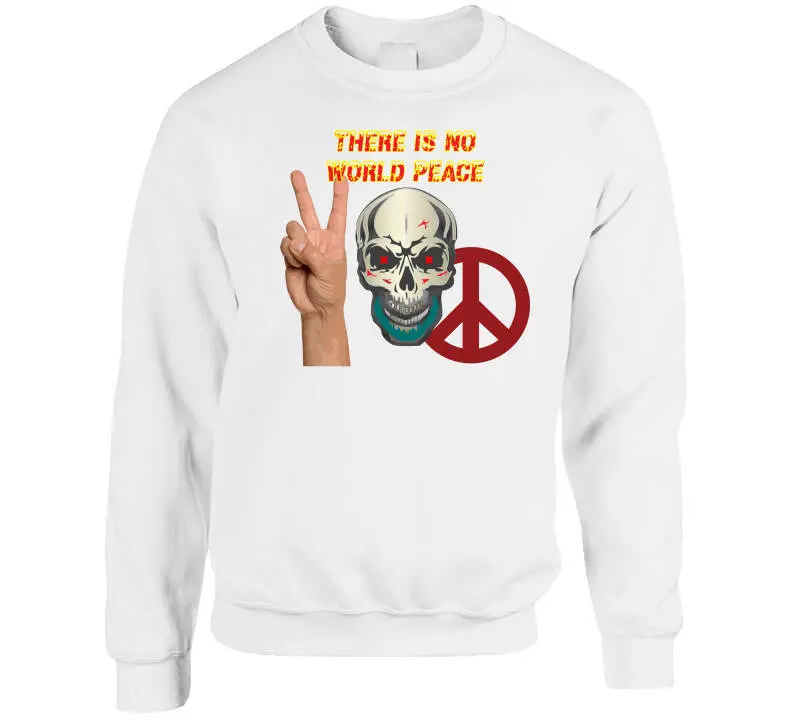 Edgy Military-Themed Skull T-Shirt Featuring Bold 'There Is No World Peace' Design in Flame Typography – Available as Crewneck Sweatshirt, Hoodie, Long Sleeve Shirt, and Ceramic Mug - Image 8