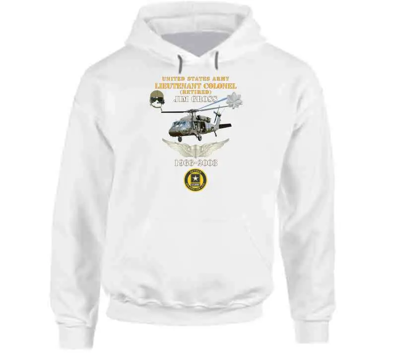 Honor retired US Army Lieutenant Colonel Jim Gross with this premium T-shirt showcasing his UH-60 Black Hawk aviator legacy—'Soldier for Life' service from 1966 to 2003. - Image 12