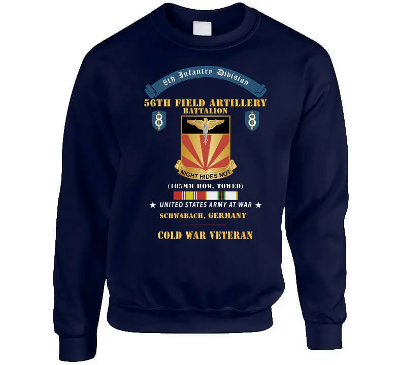 Retro Cold War T-shirt showcasing the 8th Infantry Division scroll and 56th Field Artillery Battalion insignia, commemorating U.S. Army service in Schwabach, Germany - Image 8