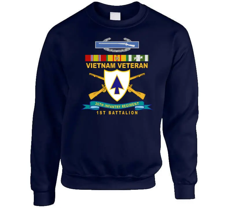 Official 26th Infantry Regiment T-shirt featuring Distinctive Unit Insignia (DUI), Bronze Ribbon, 1st Battalion designation, Combat Infantryman Badge (CIB), Vietnam Service Medal emblem, and 'X300' commemorative detail - Image 7