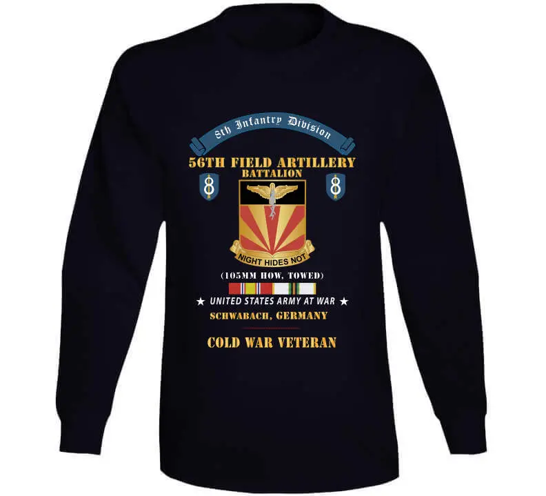 Retro Cold War T-shirt showcasing the 8th Infantry Division scroll and 56th Field Artillery Battalion insignia, commemorating U.S. Army service in Schwabach, Germany - Image 13