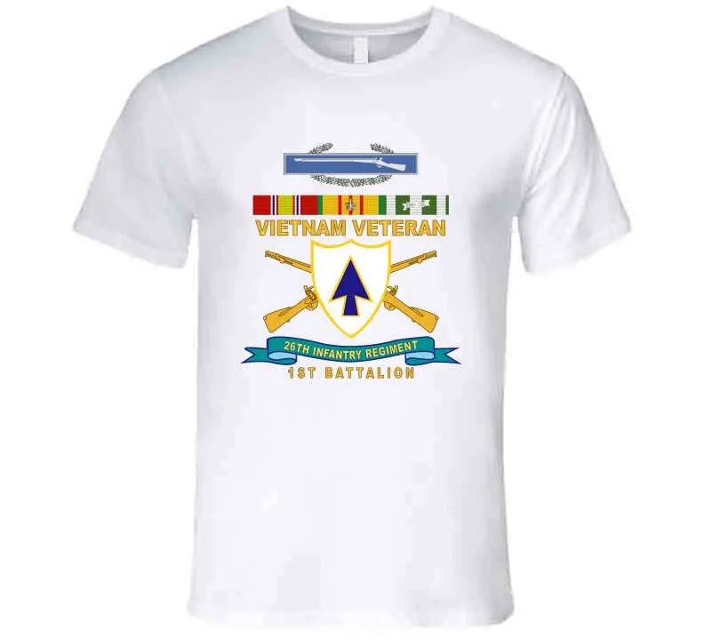 Official 26th Infantry Regiment T-shirt featuring Distinctive Unit Insignia (DUI), Bronze Ribbon, 1st Battalion designation, Combat Infantryman Badge (CIB), Vietnam Service Medal emblem, and 'X300' commemorative detail - Image 20