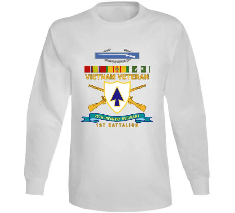 Official 26th Infantry Regiment T-shirt featuring Distinctive Unit Insignia (DUI), Bronze Ribbon, 1st Battalion designation, Combat Infantryman Badge (CIB), Vietnam Service Medal emblem, and 'X300' commemorative detail - Image 14
