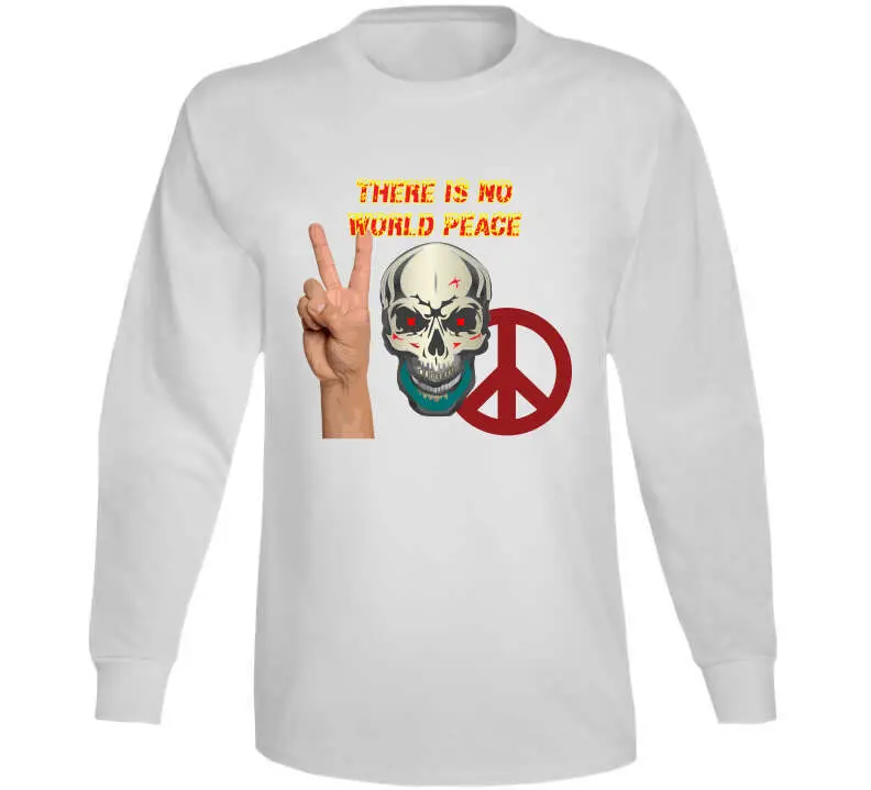 Edgy Military-Themed Skull T-Shirt Featuring Bold 'There Is No World Peace' Design in Flame Typography – Available as Crewneck Sweatshirt, Hoodie, Long Sleeve Shirt, and Ceramic Mug - Image 14