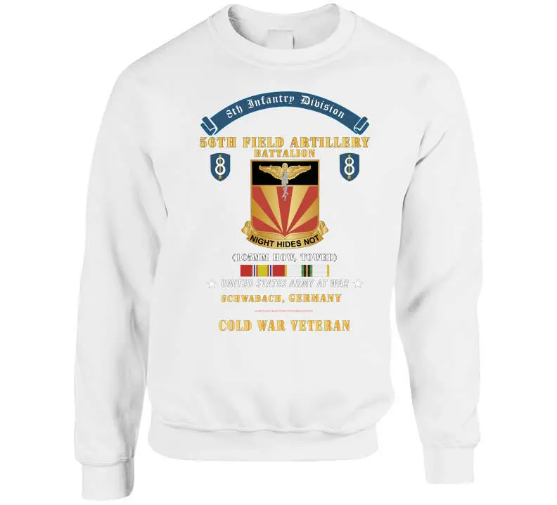 Retro Cold War T-shirt showcasing the 8th Infantry Division scroll and 56th Field Artillery Battalion insignia, commemorating U.S. Army service in Schwabach, Germany - Image 9