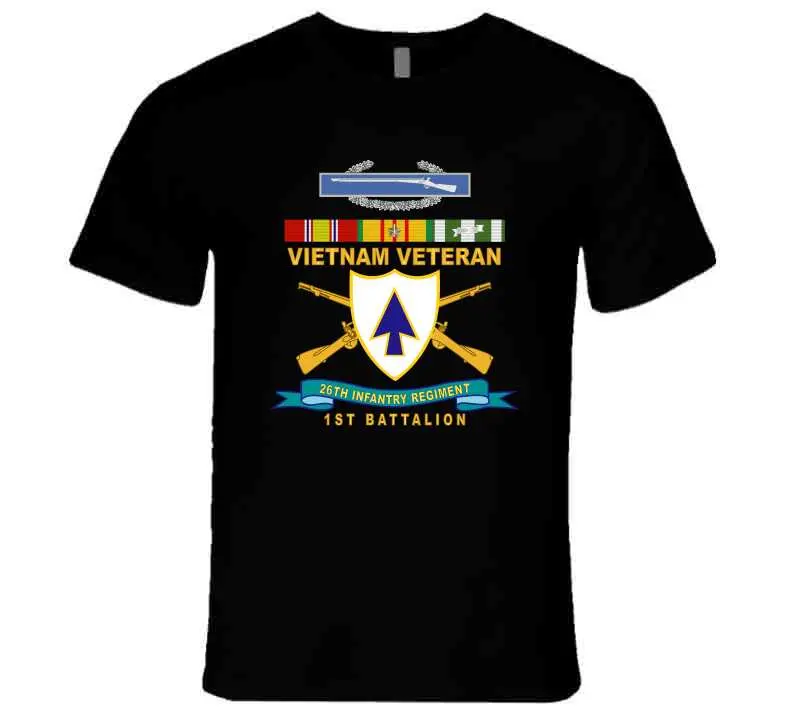 Official 26th Infantry Regiment T-shirt featuring Distinctive Unit Insignia (DUI), Bronze Ribbon, 1st Battalion designation, Combat Infantryman Badge (CIB), Vietnam Service Medal emblem, and 'X300' commemorative detail - Image 17
