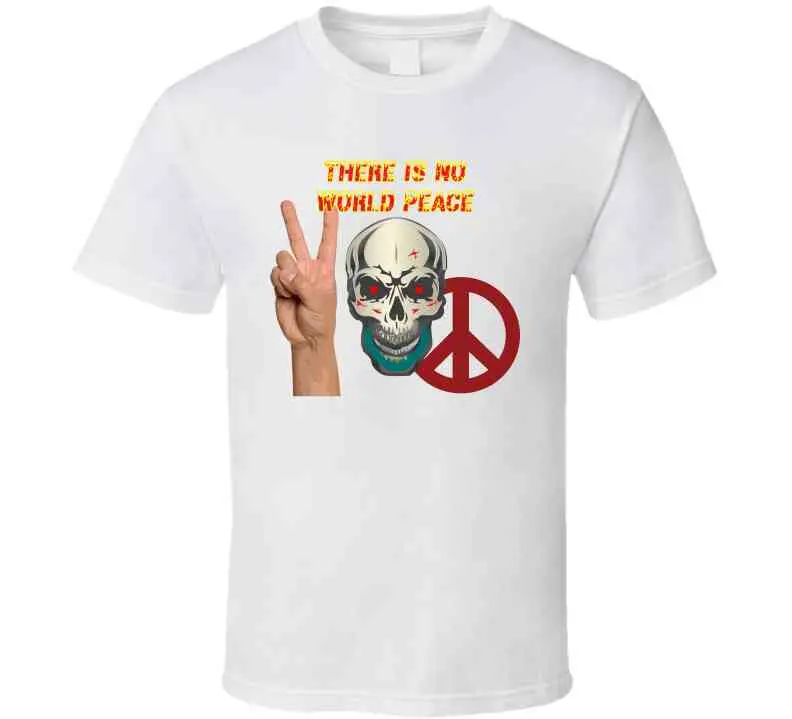 Edgy Military-Themed Skull T-Shirt Featuring Bold 'There Is No World Peace' Design in Flame Typography – Available as Crewneck Sweatshirt, Hoodie, Long Sleeve Shirt, and Ceramic Mug - Image 5