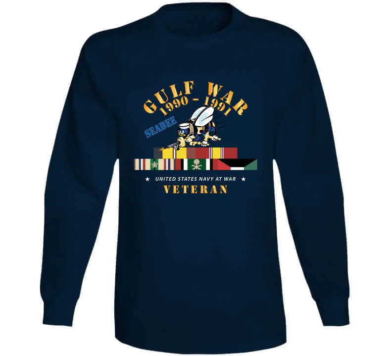 Commemorative Gulf War 1990–1991 T-shirt featuring service ribbons, automotive motif, and U.S. Navy Seabee insignia — premium 300gsm cotton - Image 13