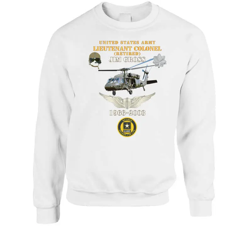 Honor retired US Army Lieutenant Colonel Jim Gross with this premium T-shirt showcasing his UH-60 Black Hawk aviator legacy—'Soldier for Life' service from 1966 to 2003. - Image 9