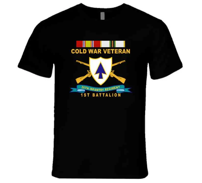 Official 26th Infantry Regiment T-shirt featuring distinctive unit insignia (DUI), bronze service ribbon, and Cold War service emblem for 1st Battalion - Image 17