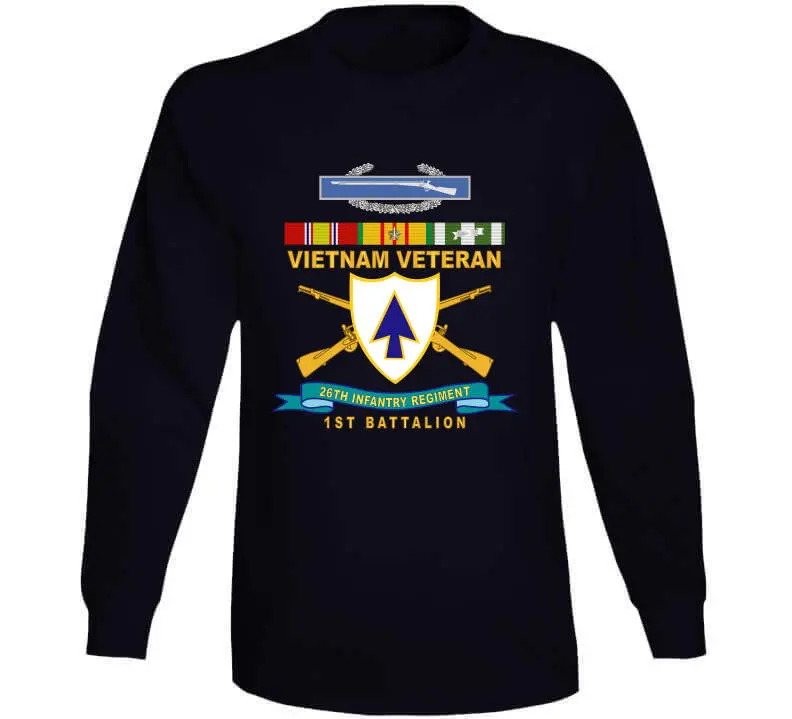 Official 26th Infantry Regiment T-shirt featuring Distinctive Unit Insignia (DUI), Bronze Ribbon, 1st Battalion designation, Combat Infantryman Badge (CIB), Vietnam Service Medal emblem, and 'X300' commemorative detail - Image 12