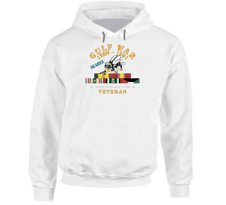 Commemorative Gulf War 1990–1991 T-shirt featuring service ribbons, automotive motif, and U.S. Navy Seabee insignia — premium 300gsm cotton - Image 11