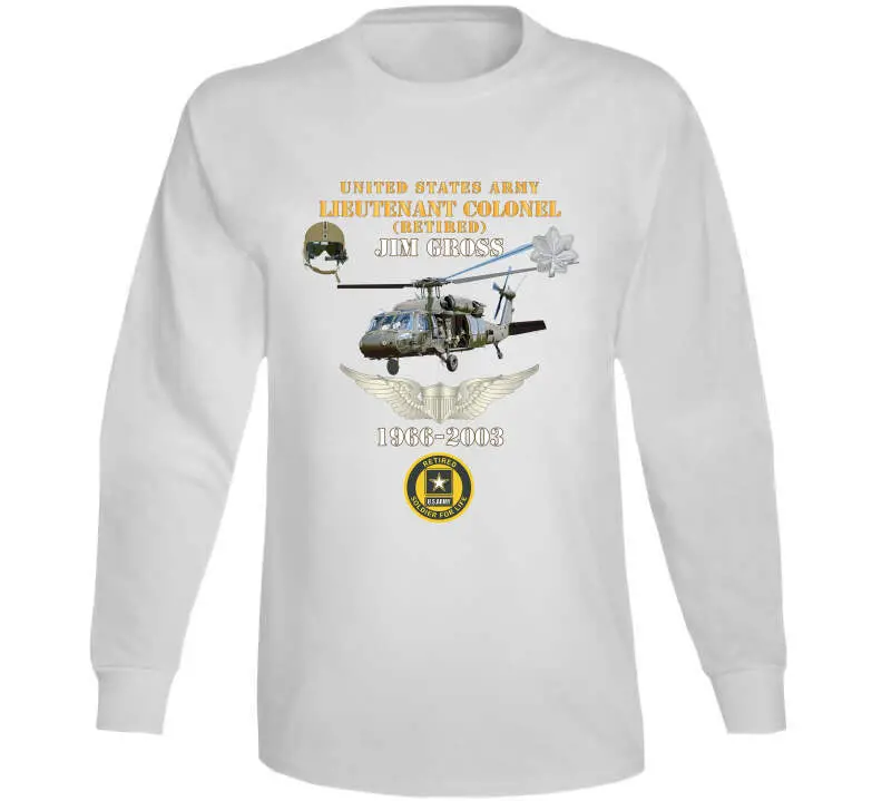 Honor retired US Army Lieutenant Colonel Jim Gross with this premium T-shirt showcasing his UH-60 Black Hawk aviator legacy—'Soldier for Life' service from 1966 to 2003. - Image 15