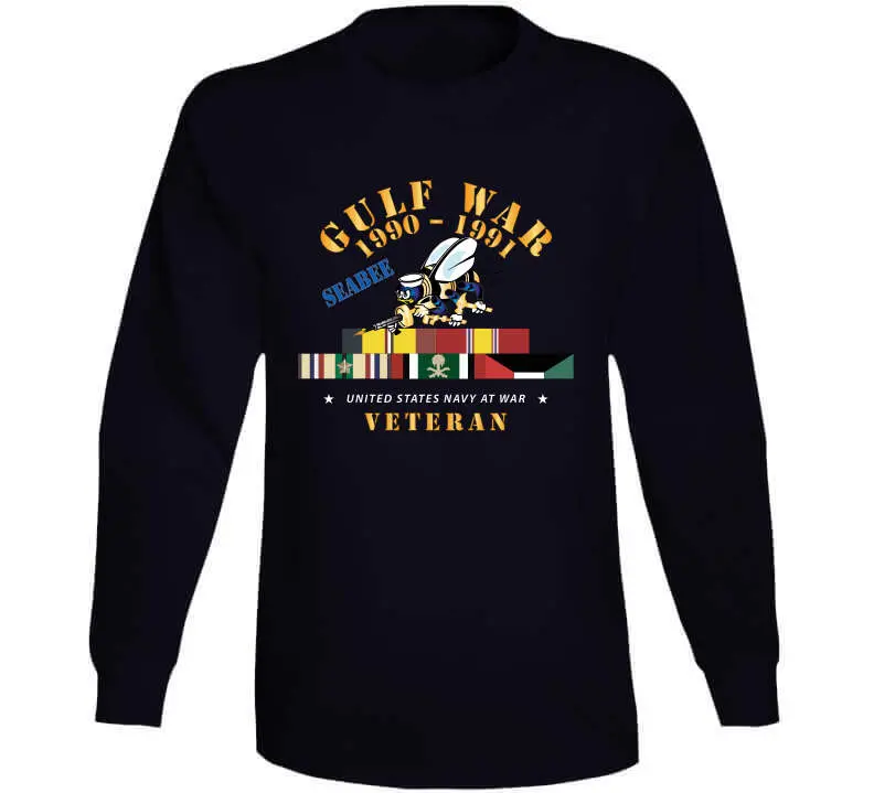 Commemorative Gulf War 1990–1991 T-shirt featuring service ribbons, automotive motif, and U.S. Navy Seabee insignia — premium 300gsm cotton - Image 12