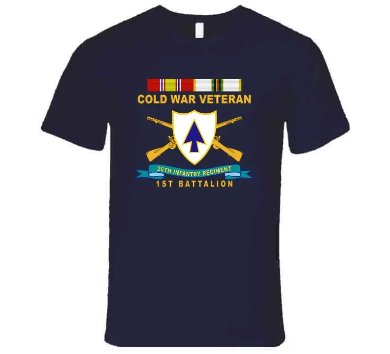 Official 26th Infantry Regiment T-shirt featuring distinctive unit insignia (DUI), bronze service ribbon, and Cold War service emblem for 1st Battalion - Image 19