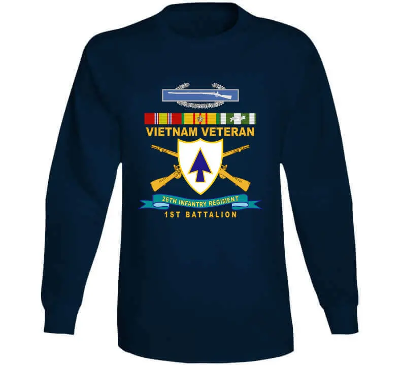 Official 26th Infantry Regiment T-shirt featuring Distinctive Unit Insignia (DUI), Bronze Ribbon, 1st Battalion designation, Combat Infantryman Badge (CIB), Vietnam Service Medal emblem, and 'X300' commemorative detail - Image 13