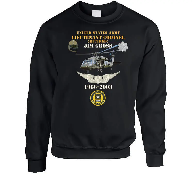Honor retired US Army Lieutenant Colonel Jim Gross with this premium T-shirt showcasing his UH-60 Black Hawk aviator legacy—'Soldier for Life' service from 1966 to 2003. - Image 7