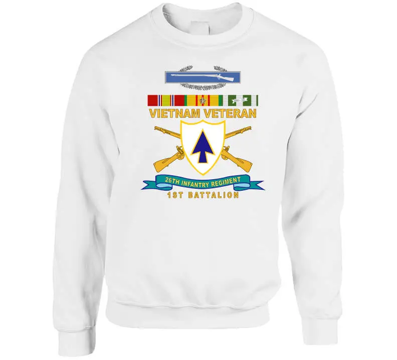 Official 26th Infantry Regiment T-shirt featuring Distinctive Unit Insignia (DUI), Bronze Ribbon, 1st Battalion designation, Combat Infantryman Badge (CIB), Vietnam Service Medal emblem, and 'X300' commemorative detail - Image 8