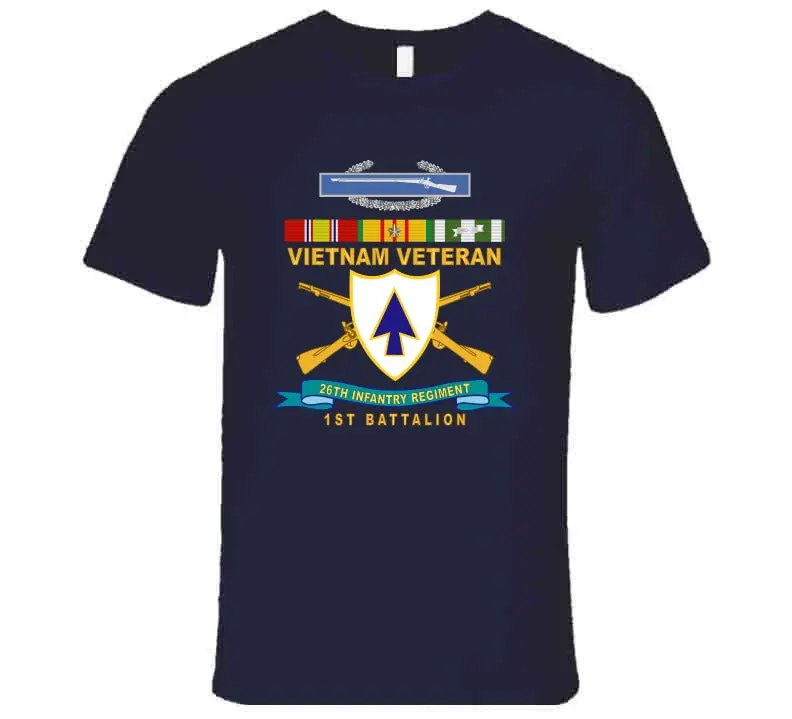 Official 26th Infantry Regiment T-shirt featuring Distinctive Unit Insignia (DUI), Bronze Ribbon, 1st Battalion designation, Combat Infantryman Badge (CIB), Vietnam Service Medal emblem, and 'X300' commemorative detail - Image 19