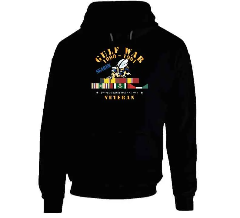 Commemorative Gulf War 1990–1991 T-shirt featuring service ribbons, automotive motif, and U.S. Navy Seabee insignia — premium 300gsm cotton - Image 9