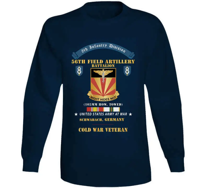 Retro Cold War T-shirt showcasing the 8th Infantry Division scroll and 56th Field Artillery Battalion insignia, commemorating U.S. Army service in Schwabach, Germany - Image 14