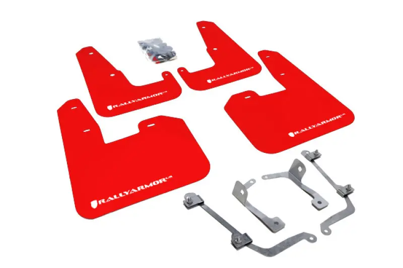 Rally Armor V2 Ur Red Mud Flaps For 2008–2011 Subaru Sti Hatchback & 2011 Wrx Hatchback – White Logo Design 1