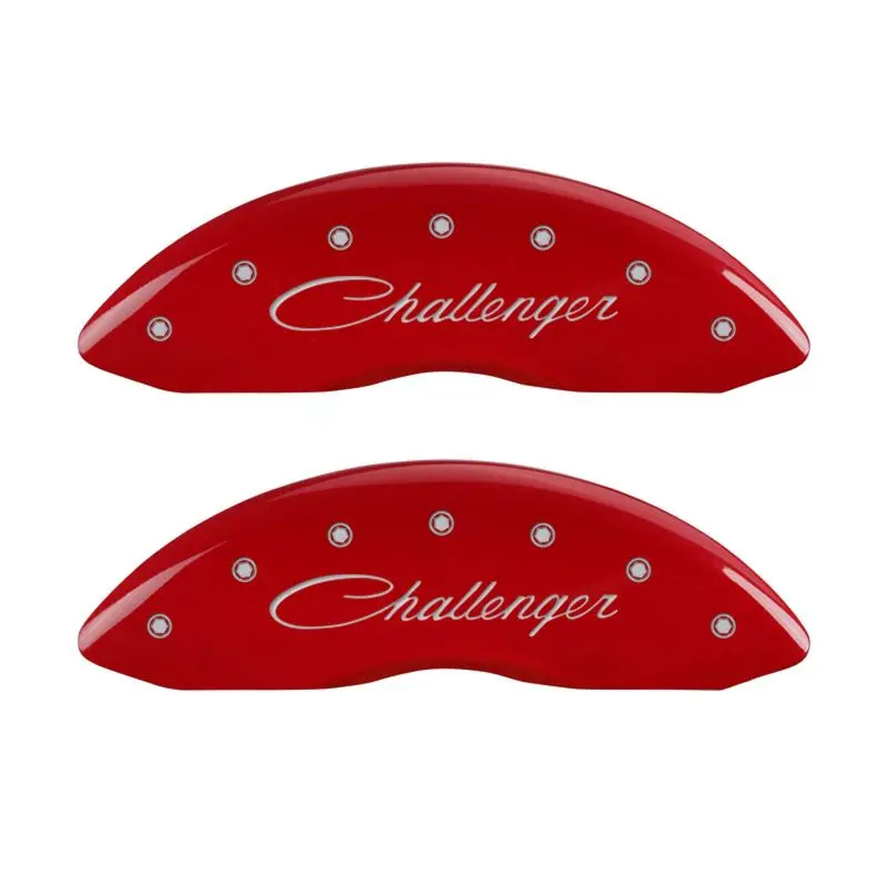 Mgp Engraved 4-Piston Caliper Covers – Challenger Cursive Logo, Red Finish With Silver Chrome Accents 1