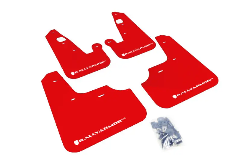 Rally Armor Ur Red Mud Flaps For 2007–2023 Mitsubishi Lancer (Excludes Sportback Models) With White Logo 1