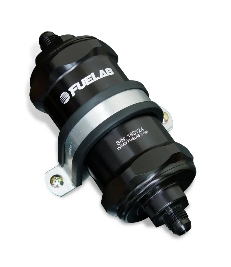 Fuelab 818 Inline Fuel Filter – -6An Inlet / -10An Outlet, 10-Micron Fabric Element, Black Housing 1